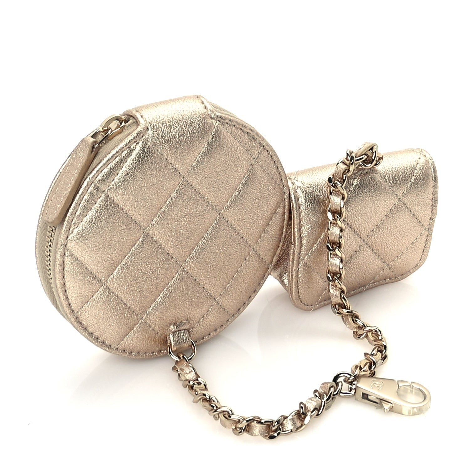 Chanel Metallic Lambskin Quilted Round Clip On Coin Purse Airpods Case  Gold 2 of 9
