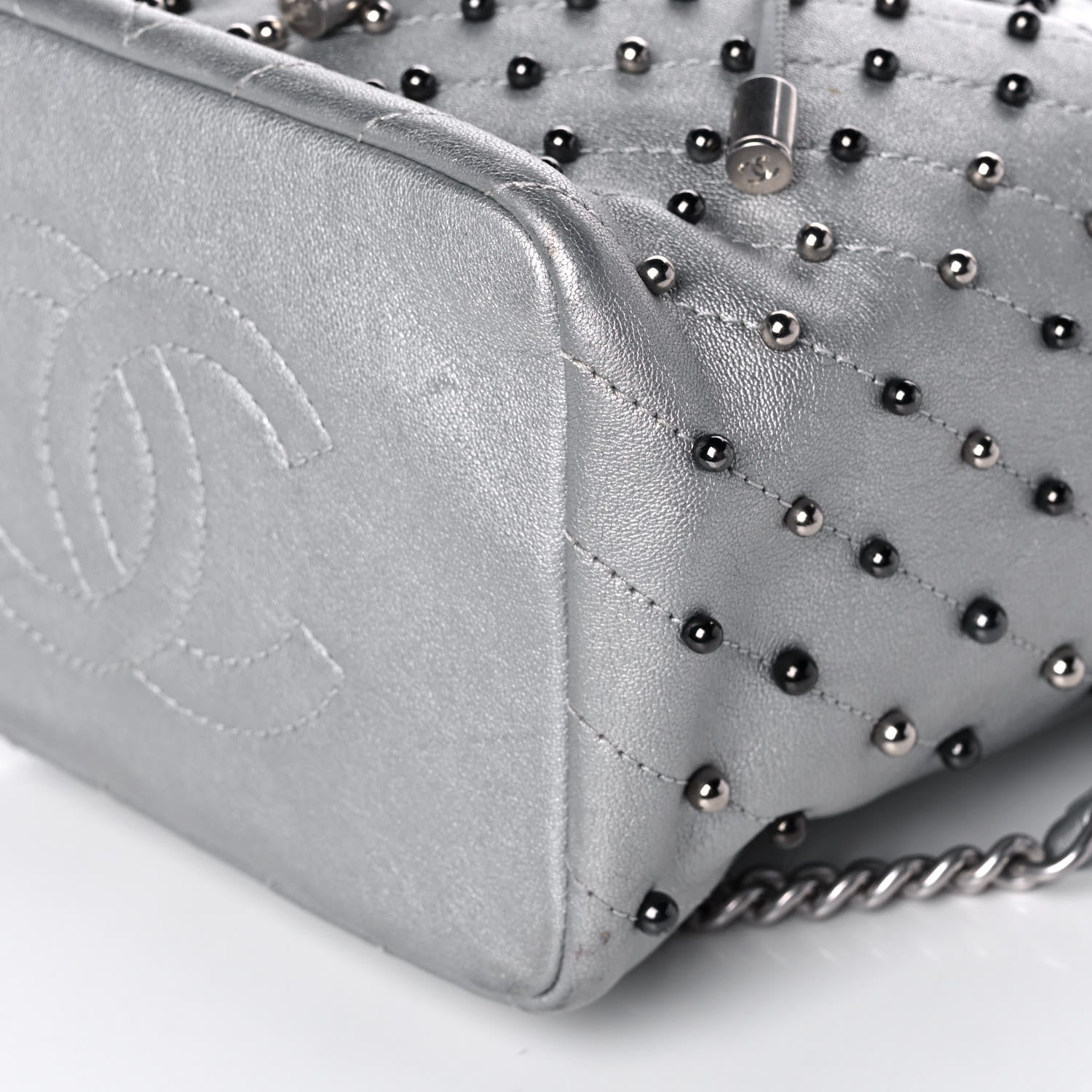 Chanel Metallic Lambskin Chevron Quilted Studded Stud Wars Backpack Silver 10 of 12