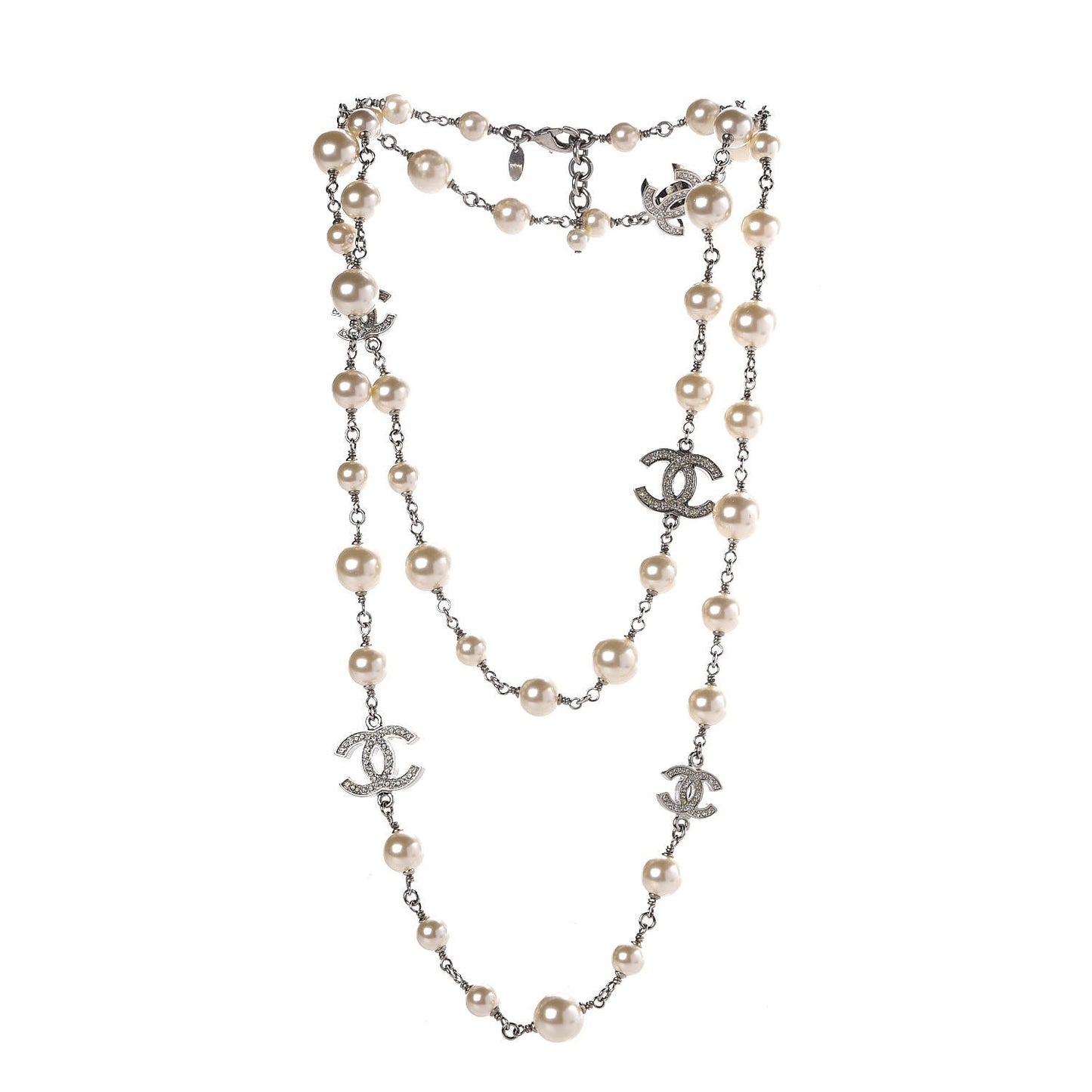 Crystal Pearl CC Long Necklace Silver
