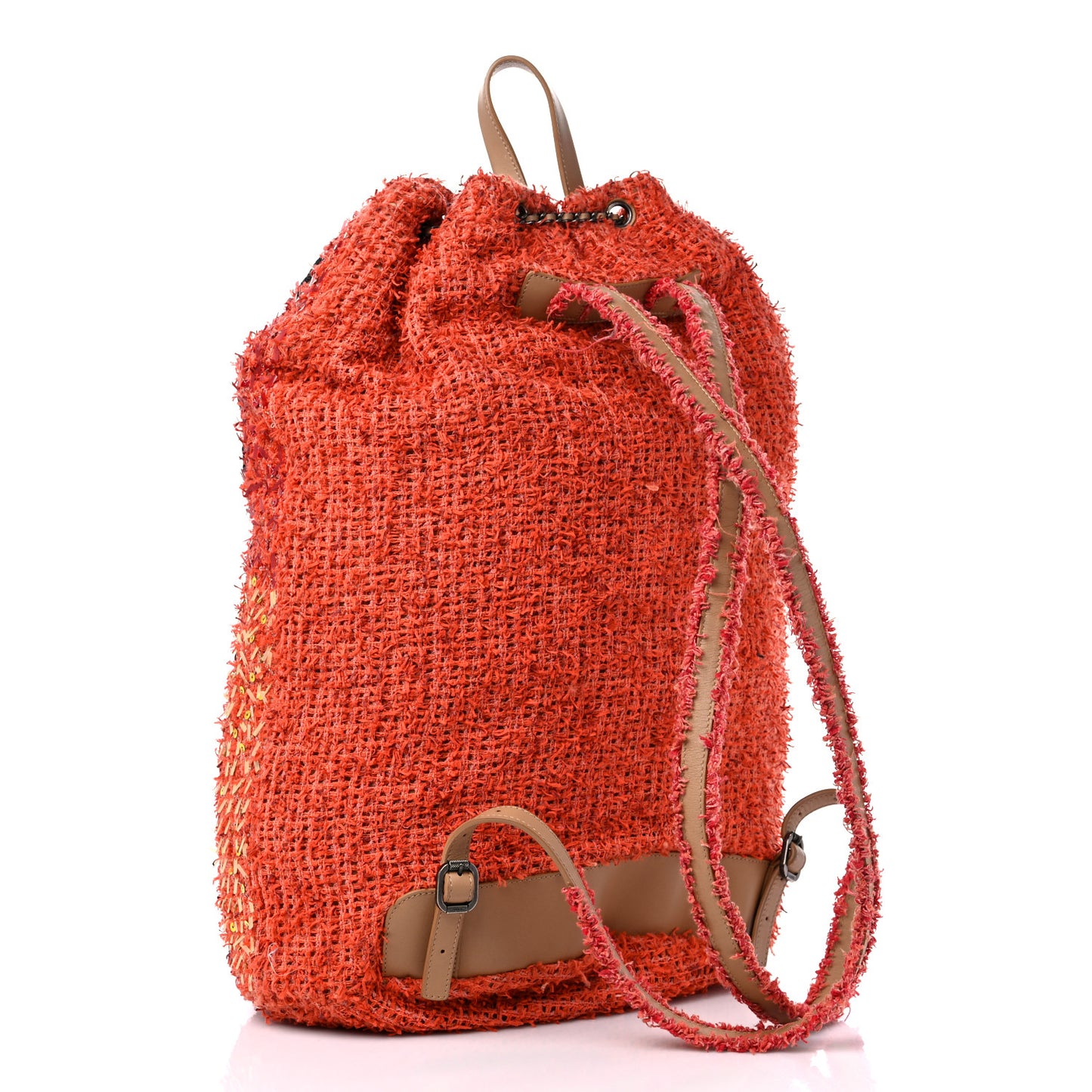 Tweed Sequins Embroidered Cubano Trip Backpack Orange Coral