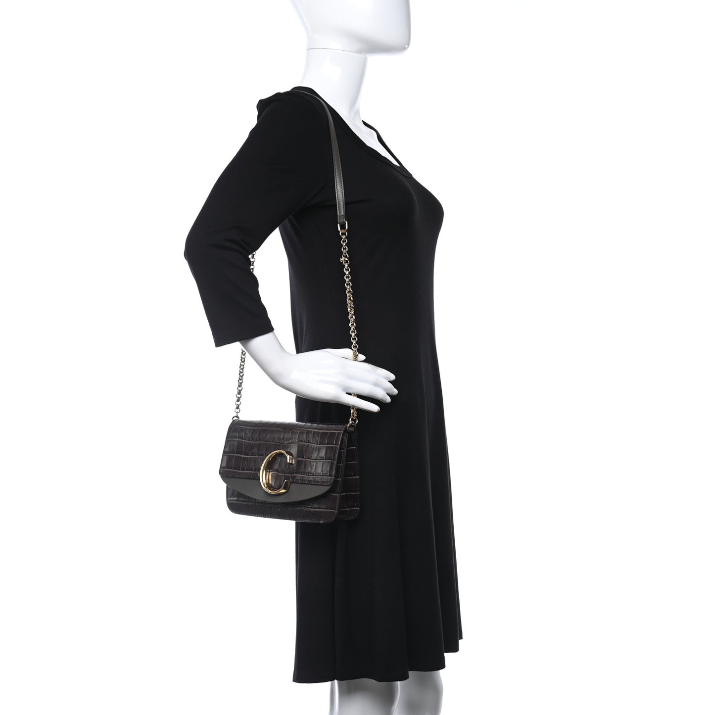 Calfskin Crocodile Embossed C Clutch With Chain Profound Brown