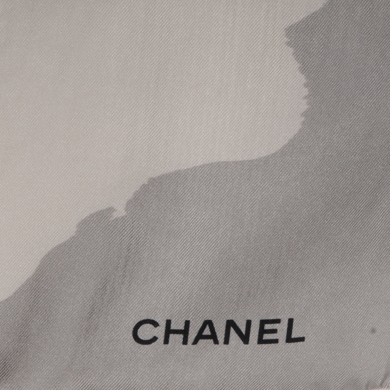 Chanel Silk Camellia Flower Scarf Black Grey 3 of 5