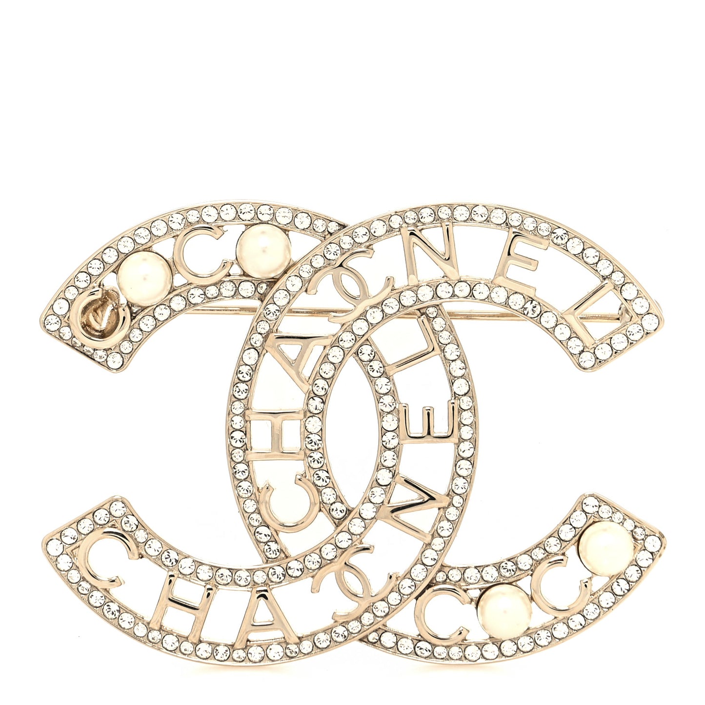 Crystal Pearl Coco CC Logo Brooch Gold