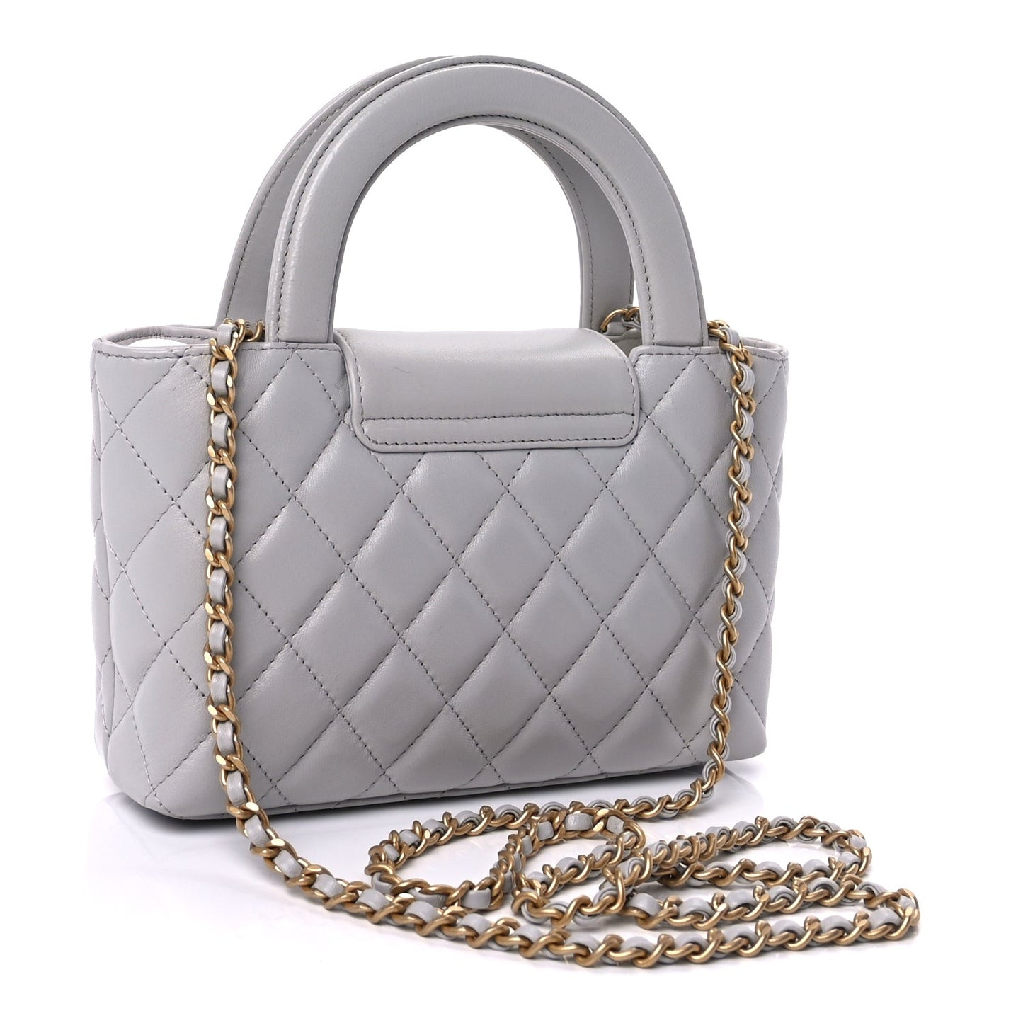 Shiny Aged Calfskin Quilted Nano Kelly Shopper  Light Grey