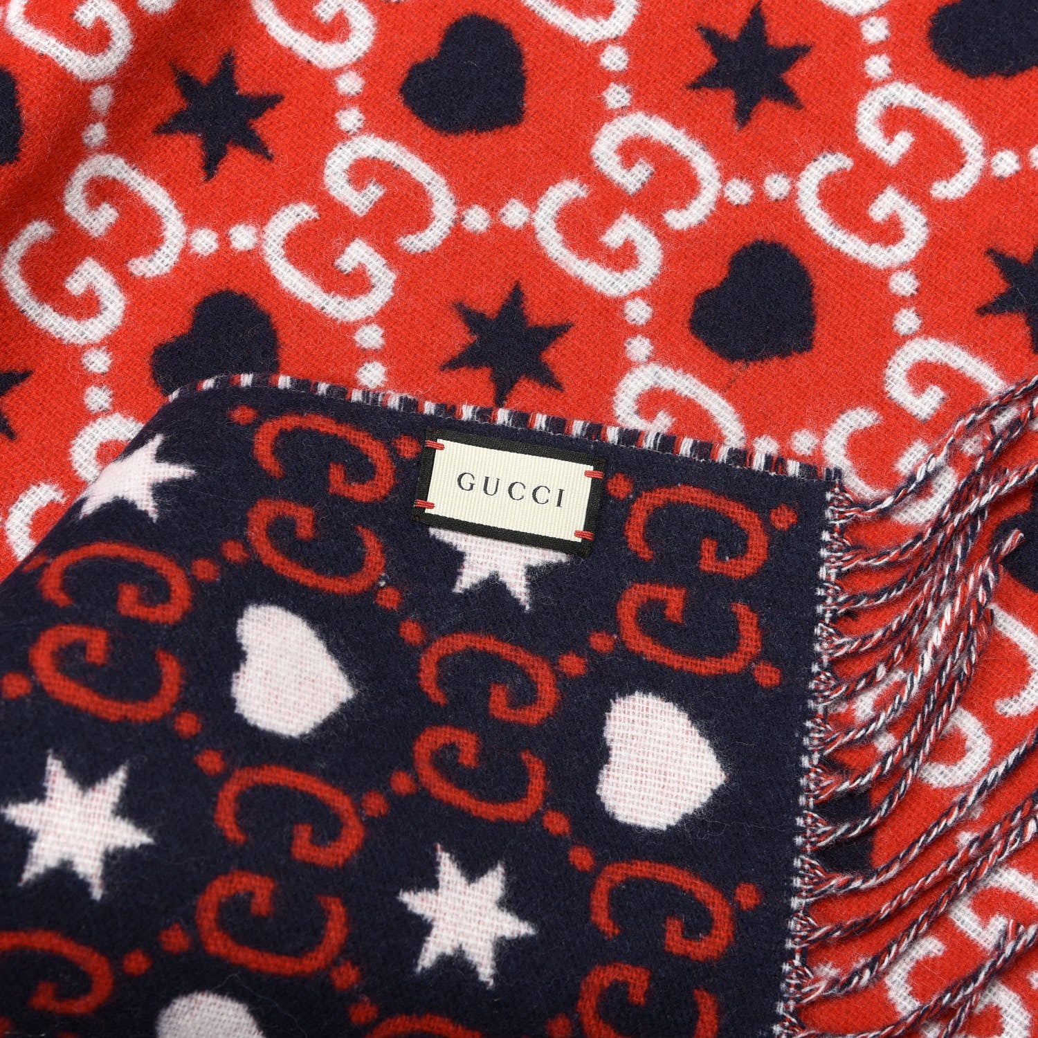 Gucci Wool Jacquard GG Monogram Hearts Scarf Red Blue 3 of 4