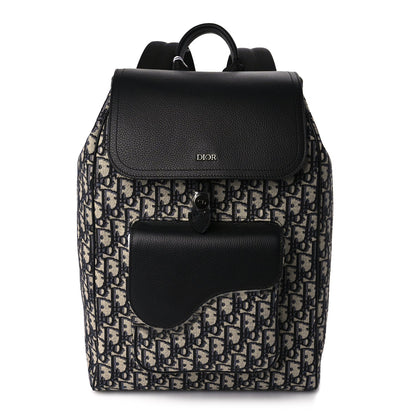 Christian Dior Oblique Jacquard Grained Calfskin Drawstring Saddle Backpack Beige Black 1 of 16