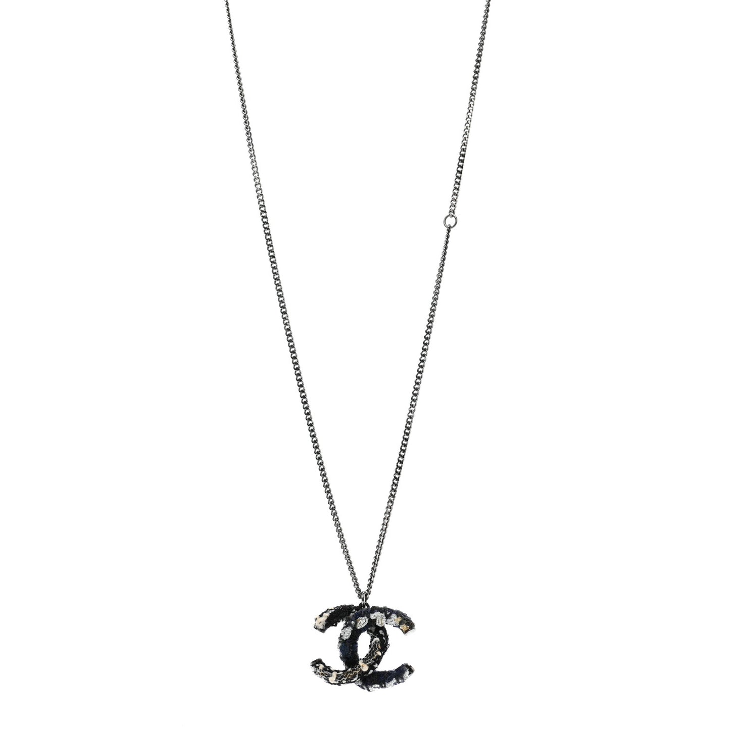 Tweed Ruthenium CC Pendant Necklace Black Silver