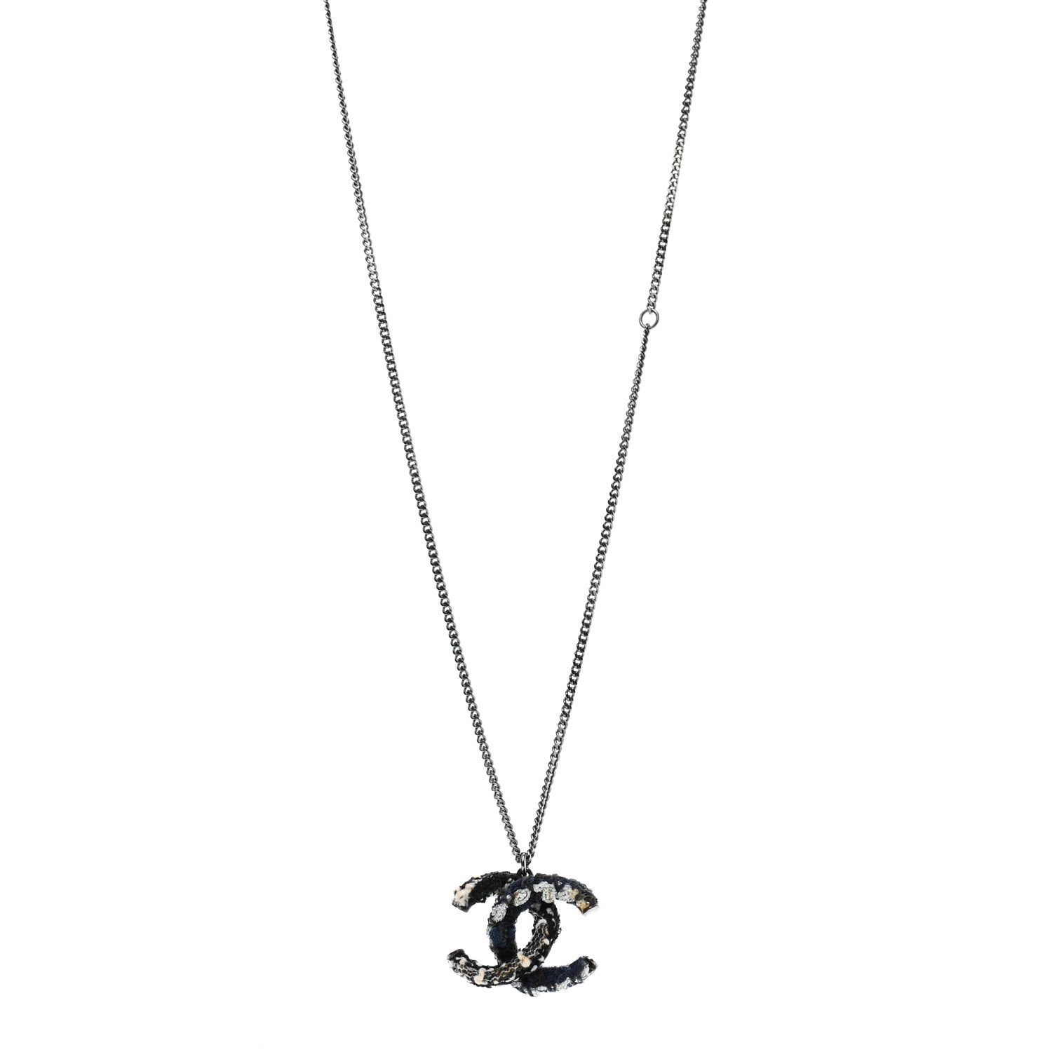 Chanel Tweed Ruthenium CC Pendant Necklace Black Silver 1 of 7