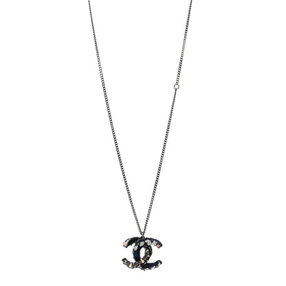 Chanel Tweed Ruthenium CC Pendant Necklace Black Silver 1 of 7