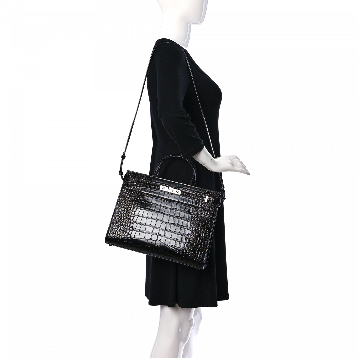 Saint Laurent Shiny Calfskin Crocodile Embossed Small Manhattan Shopper Tote Black 2 of 10