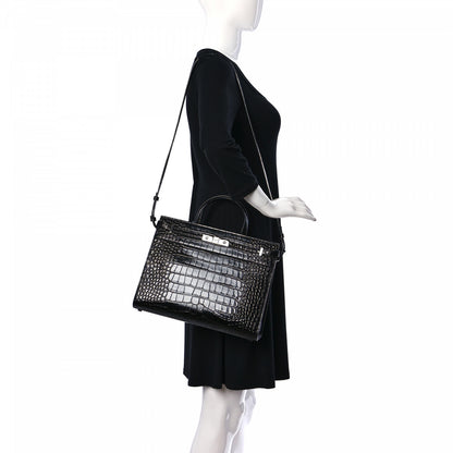 Saint Laurent Shiny Calfskin Crocodile Embossed Small Manhattan Shopper Tote Black 2 of 10
