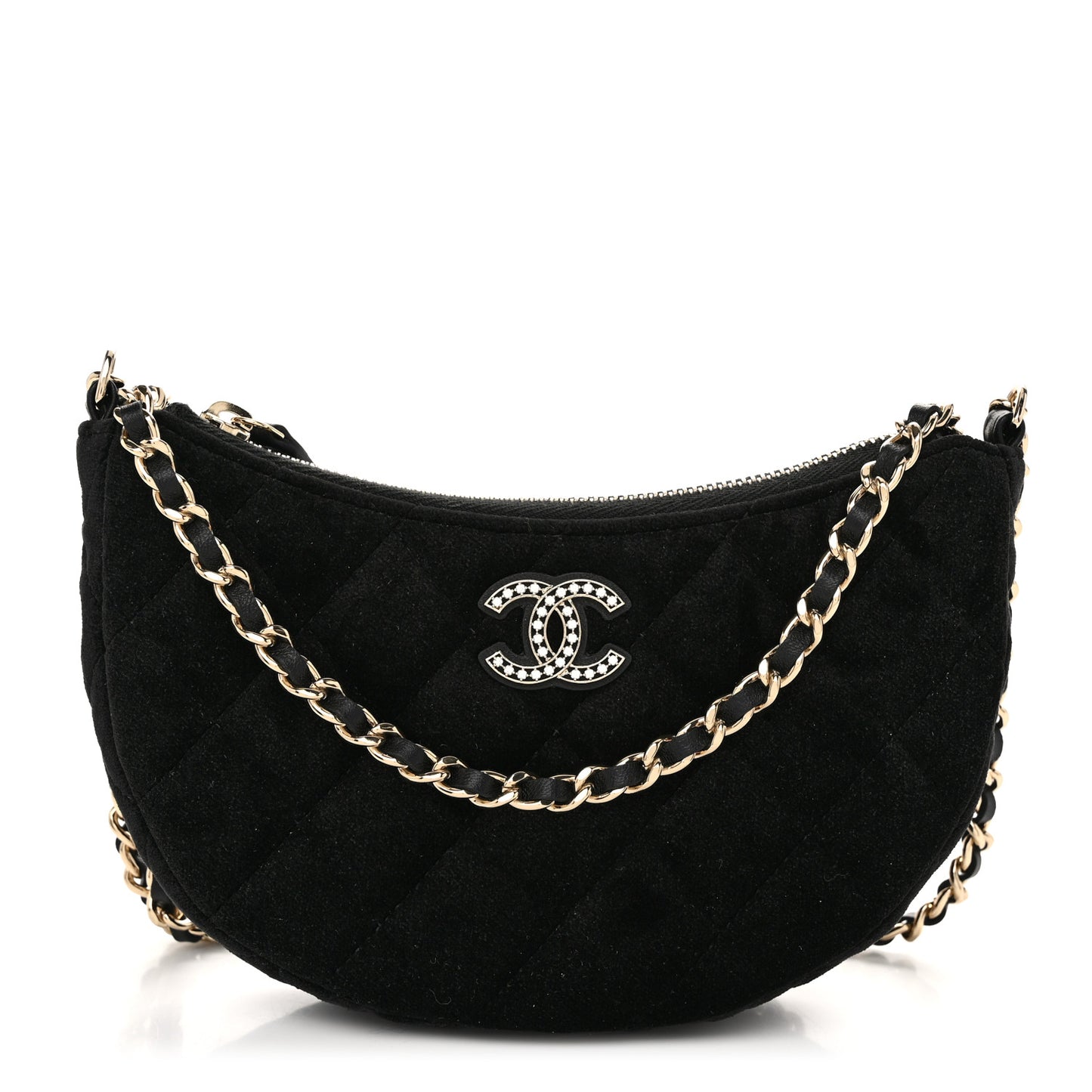 Velvet Crystal Quilted Chain Hobo Black