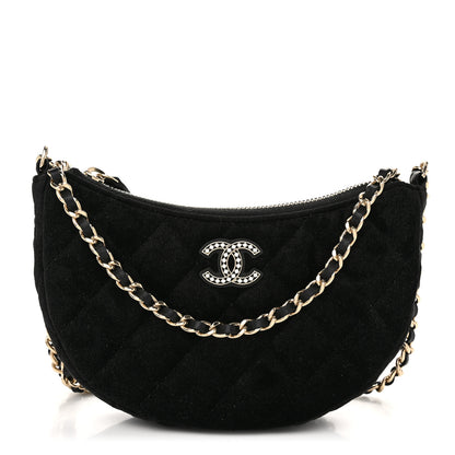 Chanel Velvet Crystal Quilted Chain Hobo Black 1 of 11