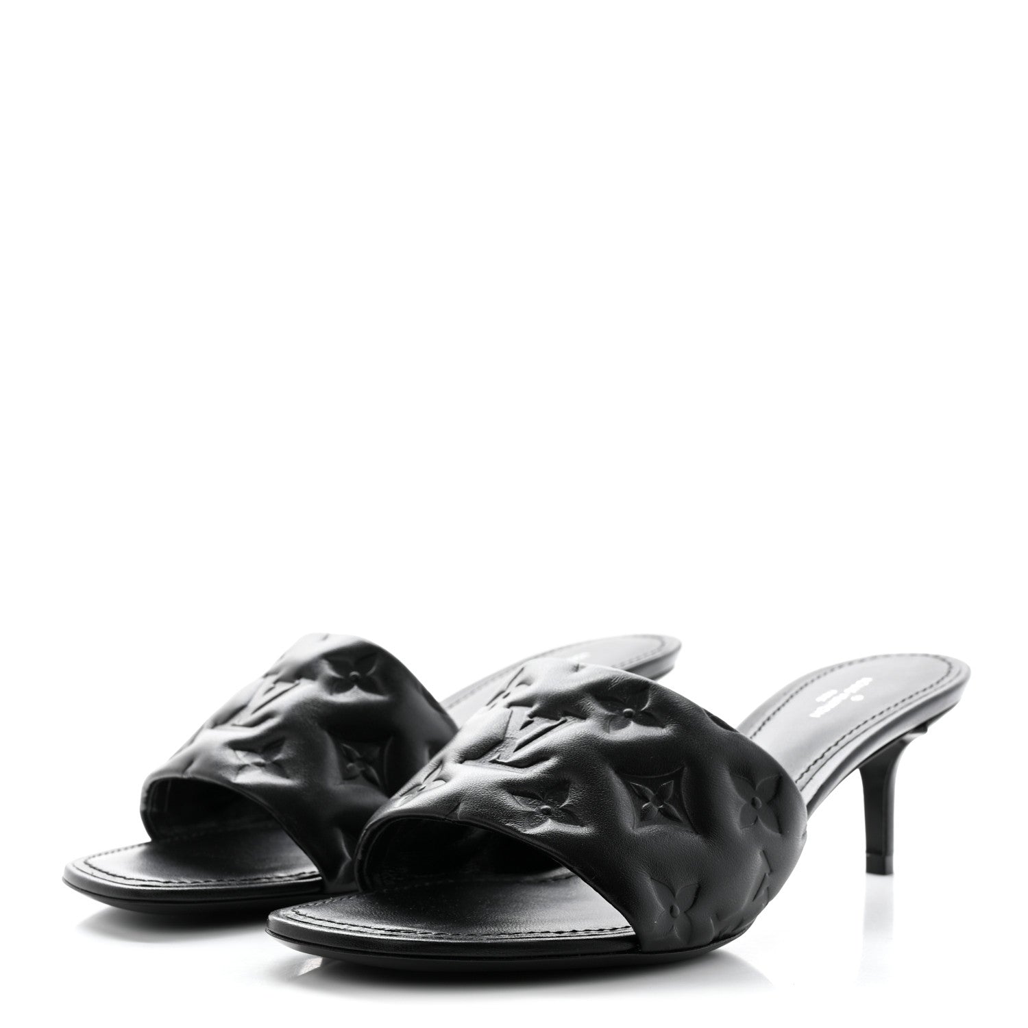 Louis Vuitton Lambskin Embossed Monogram Revival Mid Heel Mules 38 Black 3 of 11