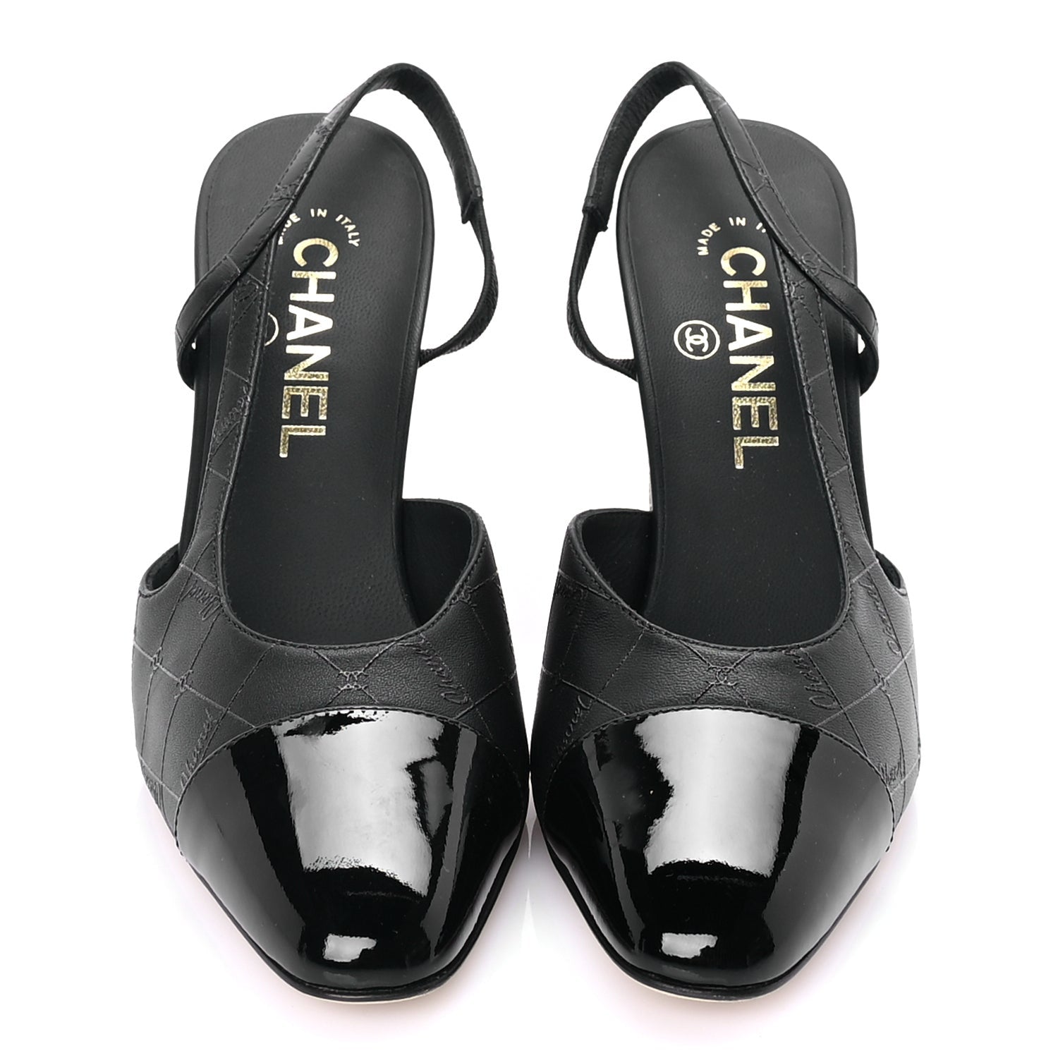 Chanel Lambskin Patent Calfskin Quilted Cap Toe Coco CC Slingback Pumps 37.5  Black 3 of 8