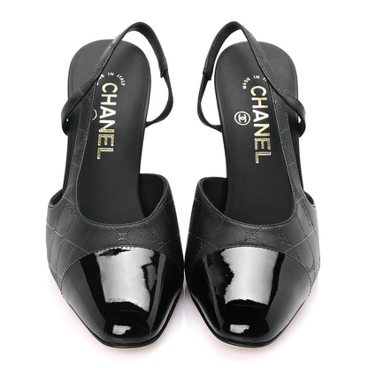 Chanel Lambskin Patent Calfskin Quilted Cap Toe Coco CC Slingback Pumps 37.5  Black 3 of 8