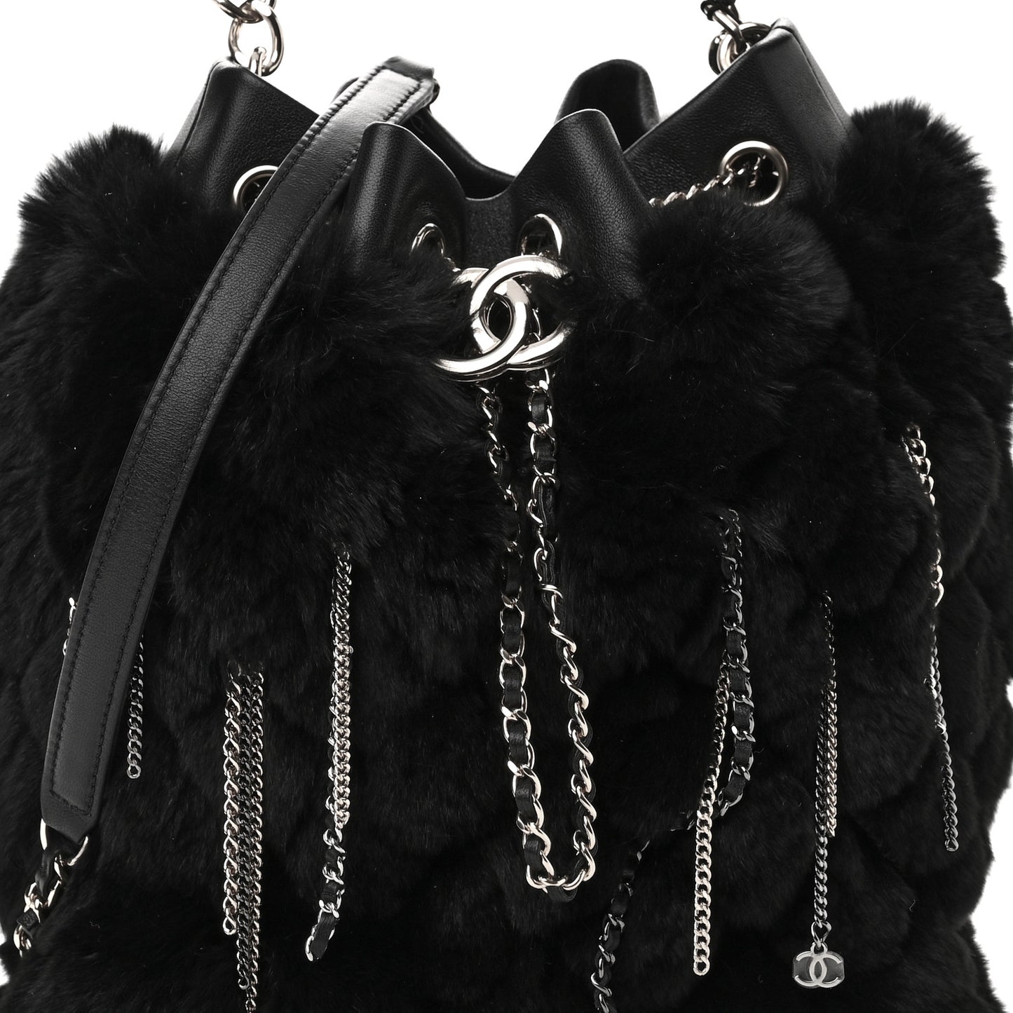 Fur Chain Drawstring Bucket Bag Black