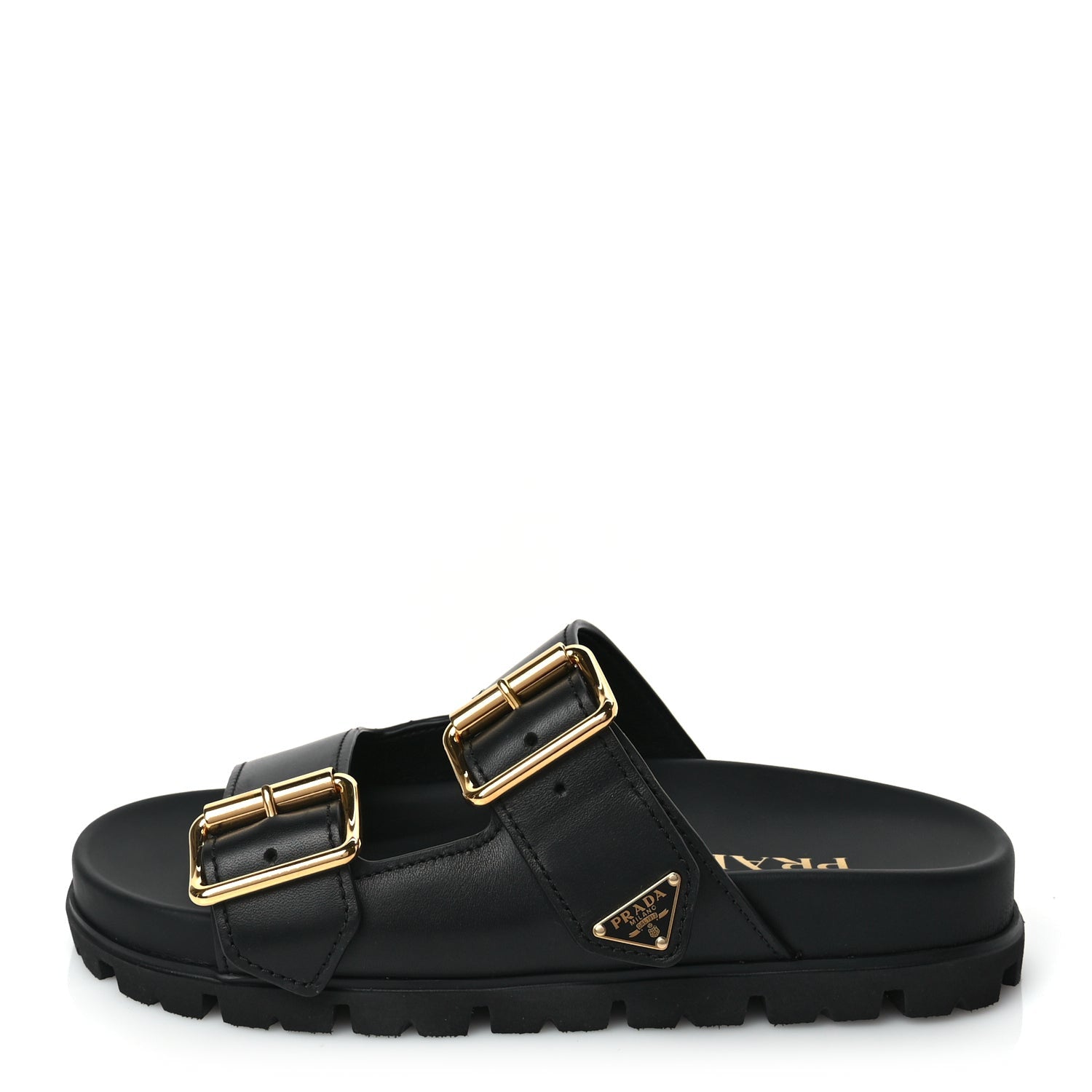 Prada Vitello Sport Metal Triangle Logo Womens Double Buckle 20mm Slide Sandals Black 1 of 9
