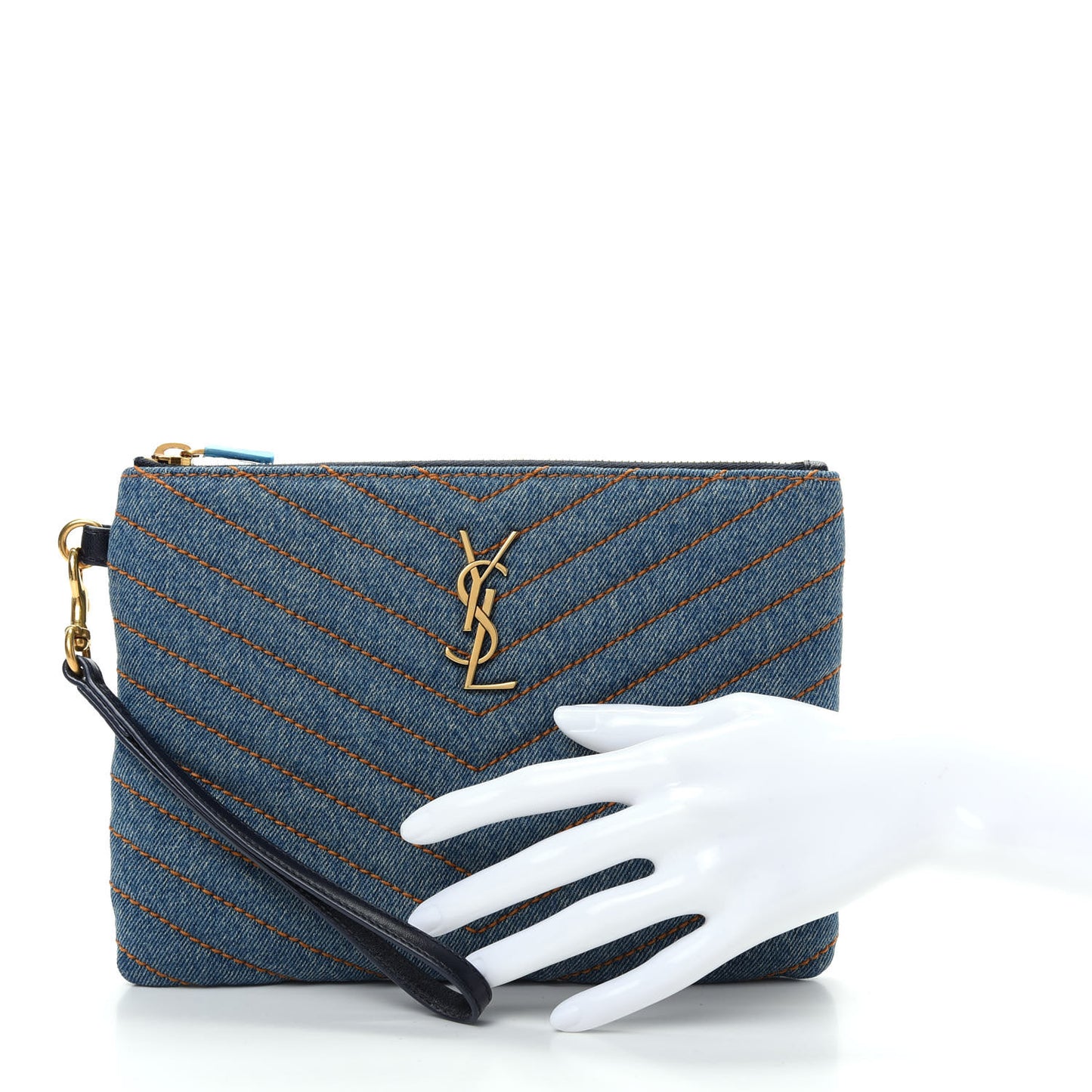 Denim Matelasse Chevron Monogram A5 Wristlet Blue