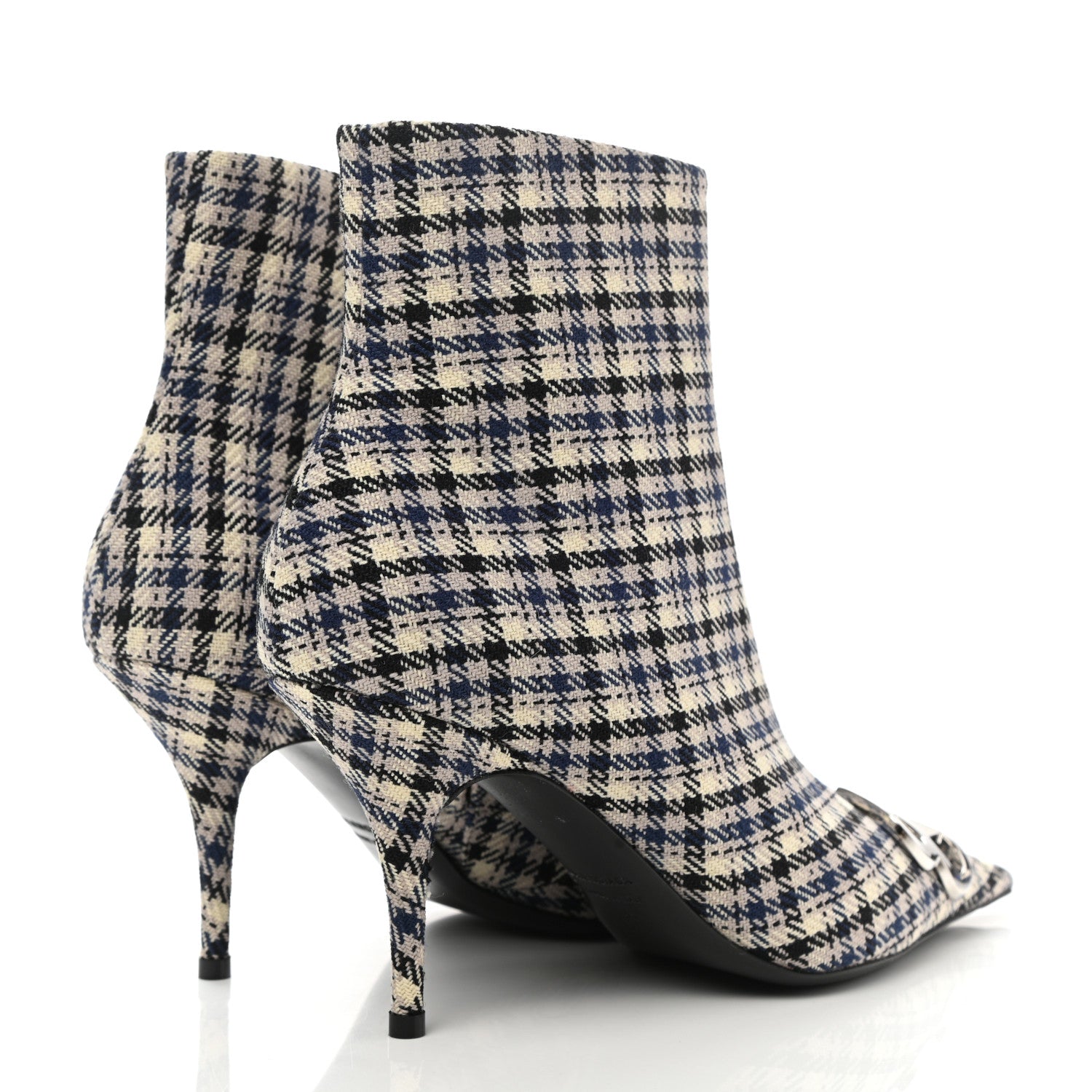 Balenciaga Wool Check BB Pointy Toe Ankle Booties 40 Beige Navy Silver 4 of 9
