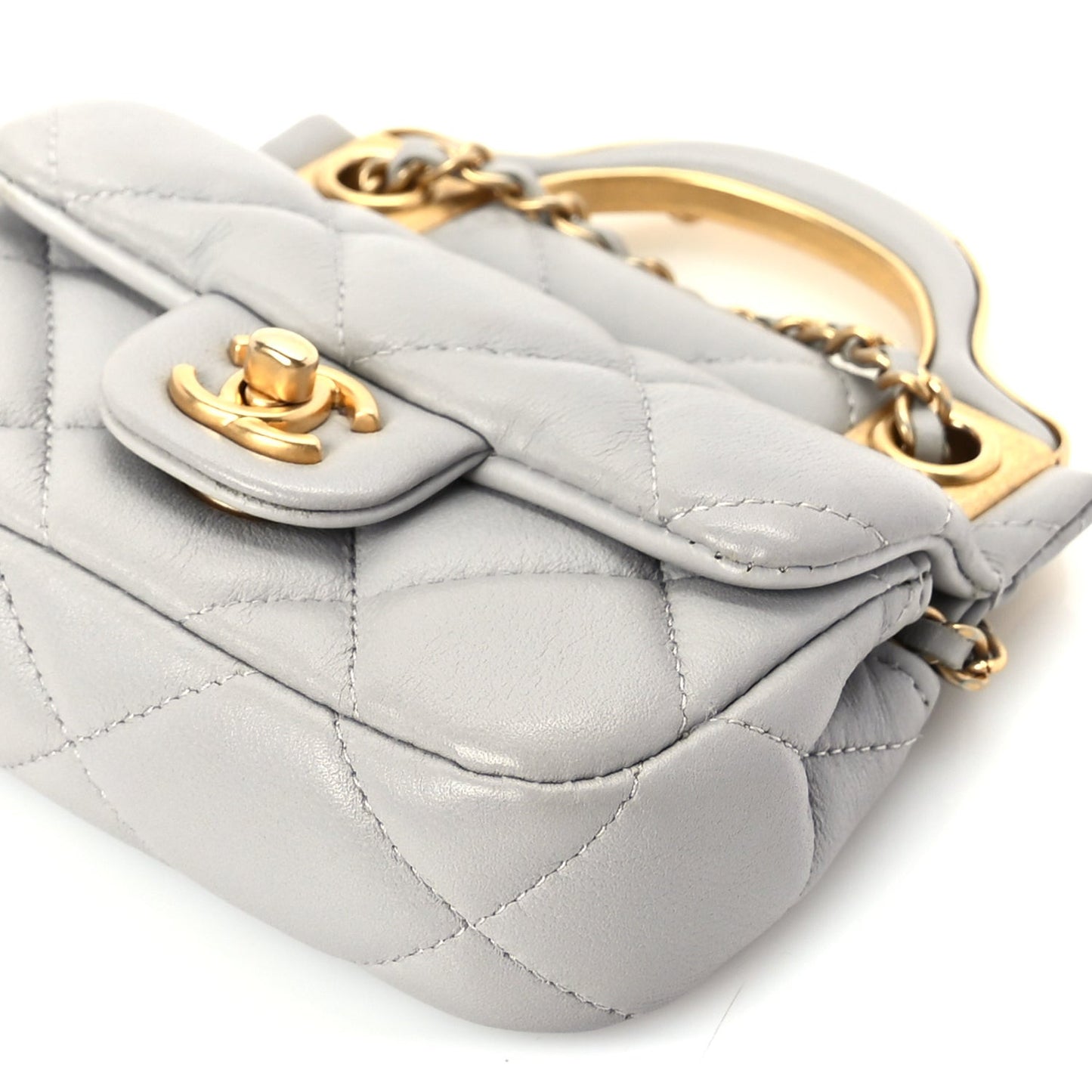 Calfskin Quilted Lady Handle Flap Card Holder With Chain  Grey