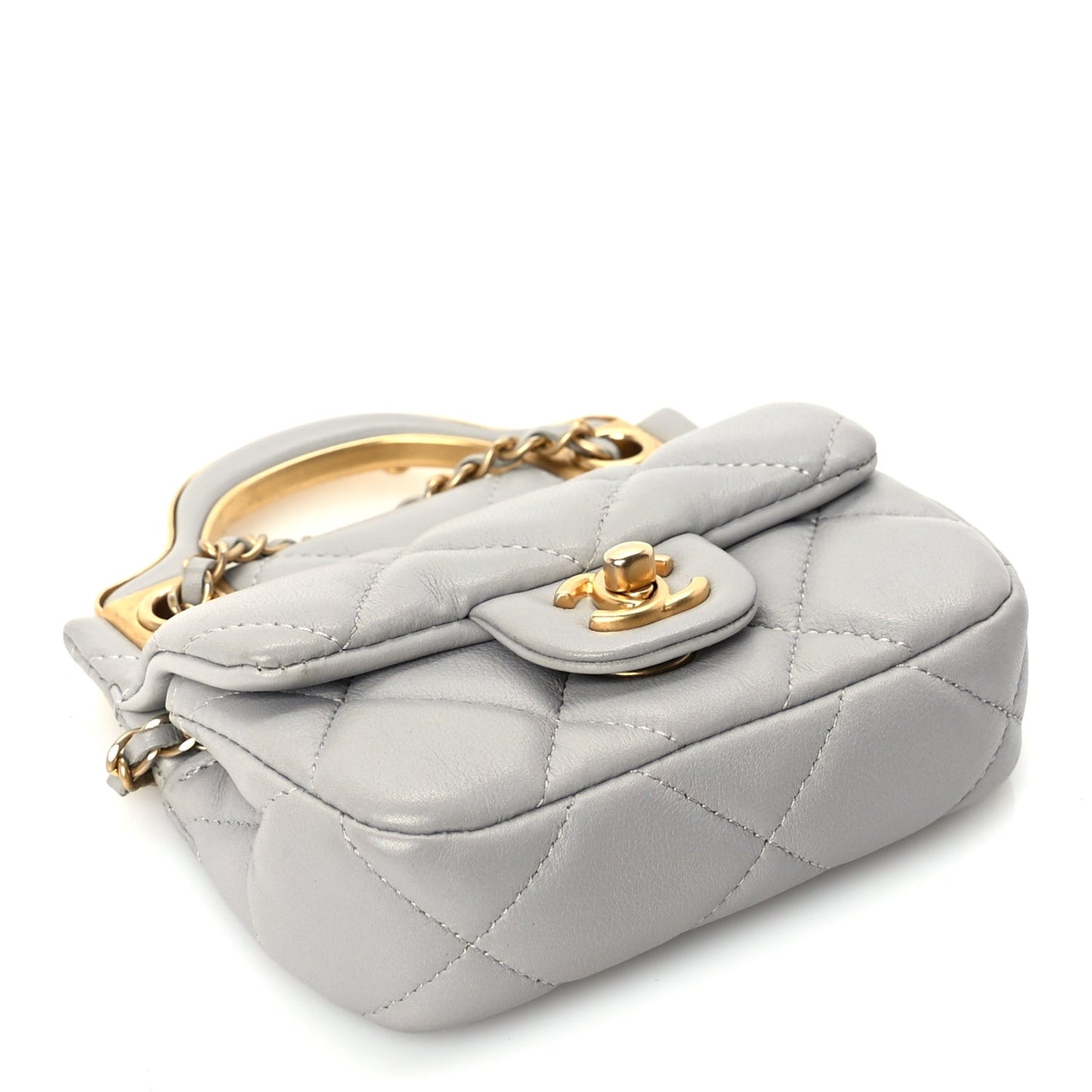 Calfskin Quilted Lady Handle Flap Card Holder With Chain  Grey