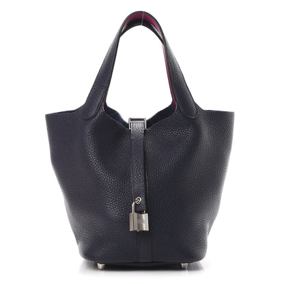 Hermes Taurillon Clemence Swift Eclat Picotin Lock 18 PM Bleu Nuit Rose Pourpre 1 of 12