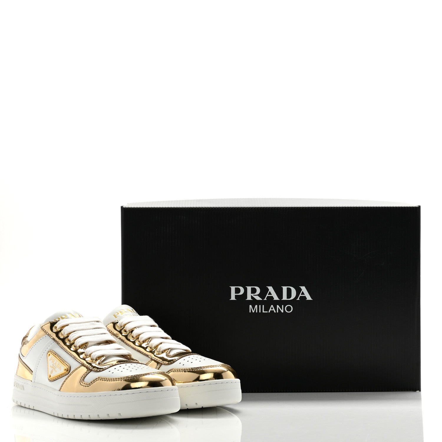 Prada Vitello Metallic Calfskin Metal Triangle Logo Womens Downtown Low Top 30mm Sneakers 35.5 White Platino 11 of 11
