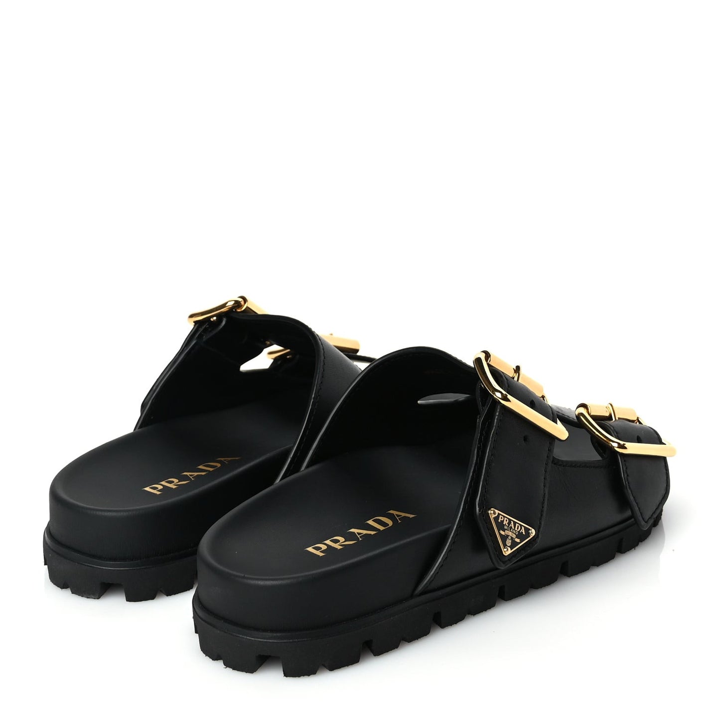 Vitello Sport Metal Triangle Logo Womens Double Buckle 20mm Slide Sandals Black