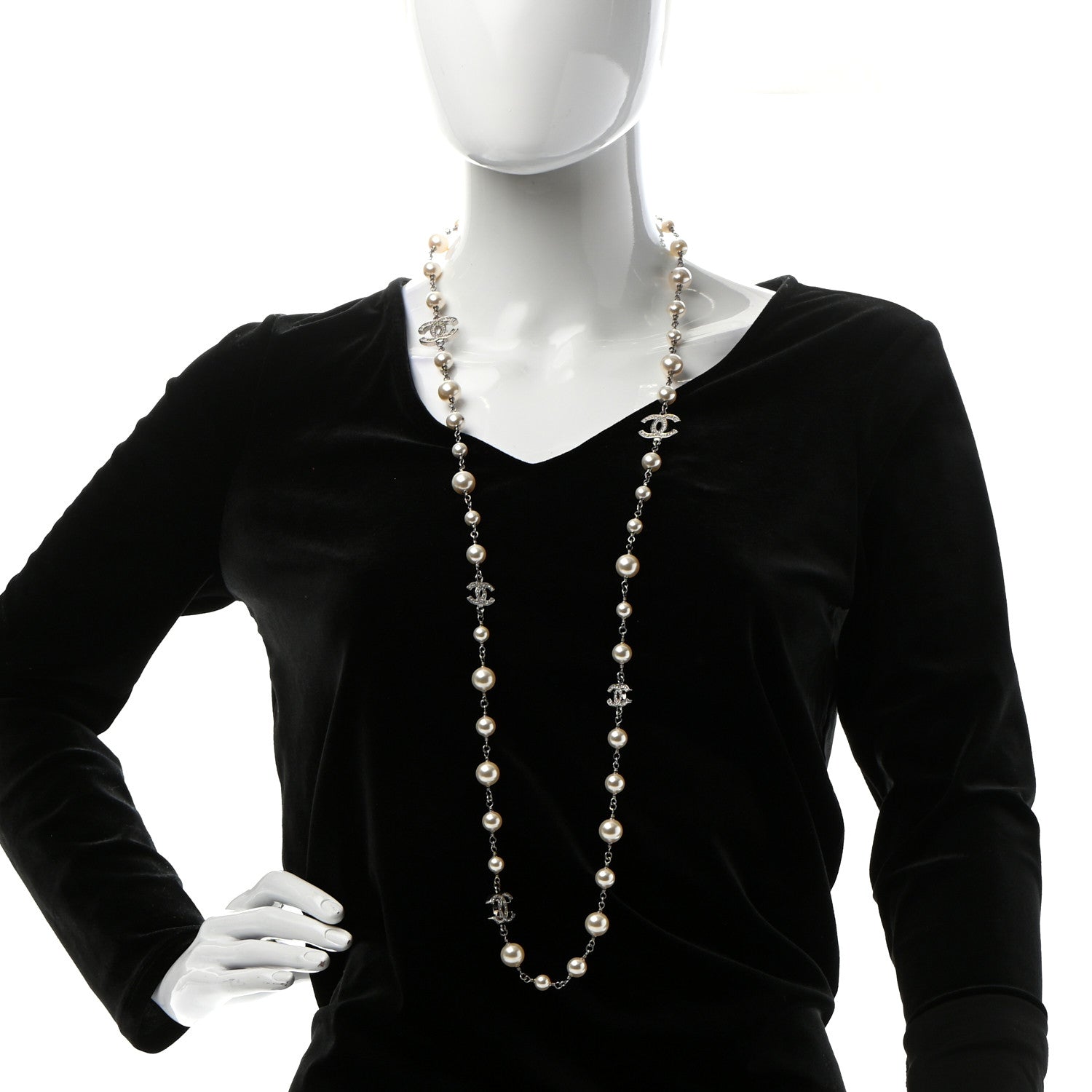 Chanel Crystal Pearl CC Long Necklace Silver 2 of 5