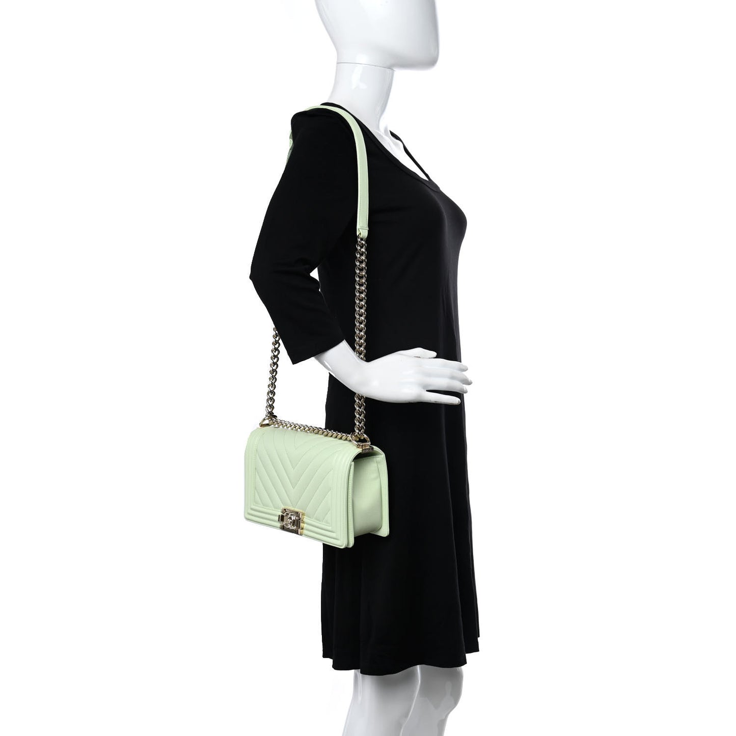 Caviar Chevron Quilted Medium Boy Flap Light Green