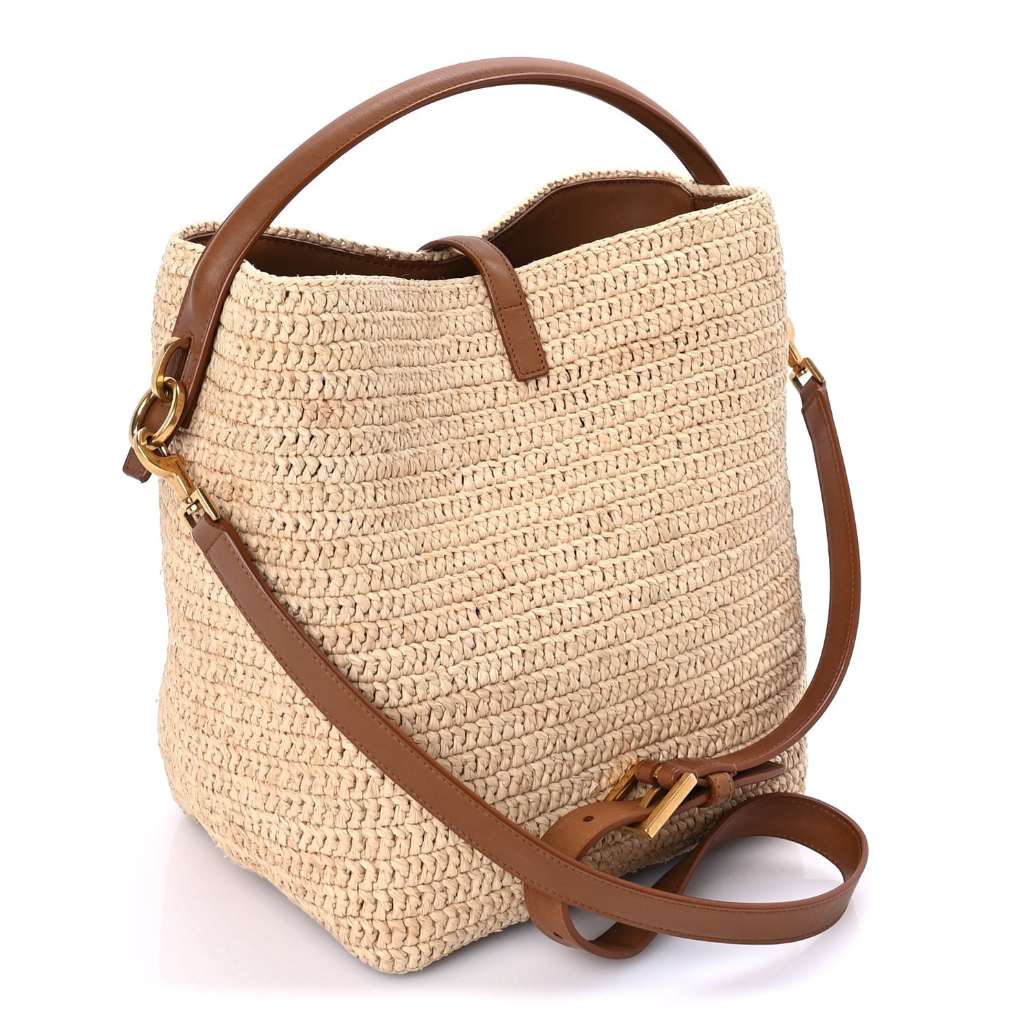 Saint Laurent Raffia Vegetable Tanned Calfskin Le 37 Bucket Bag Natural Brick 3 of 7