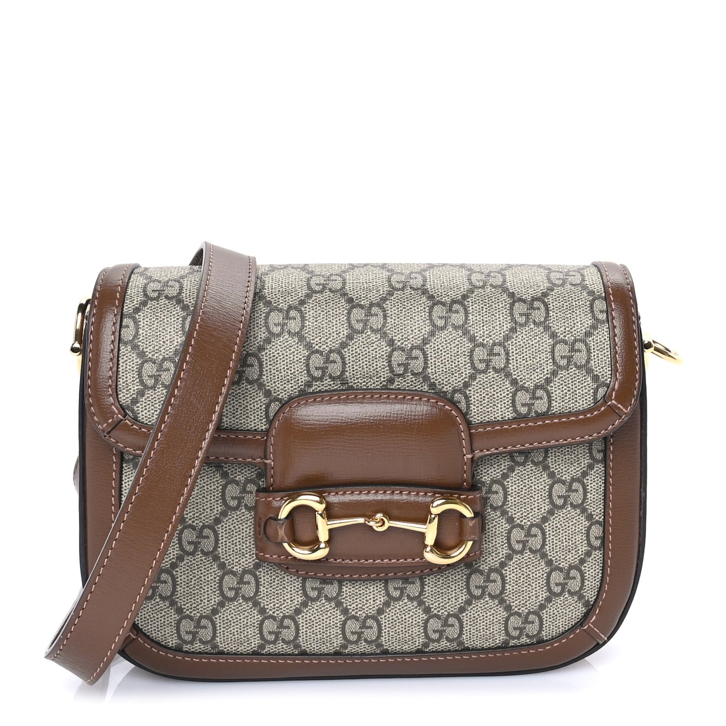 GG Supreme Monogram Azalea Calfskin Web Mini Horsebit 1955 Shoulder Bag Beige Ebony Brown Sugar