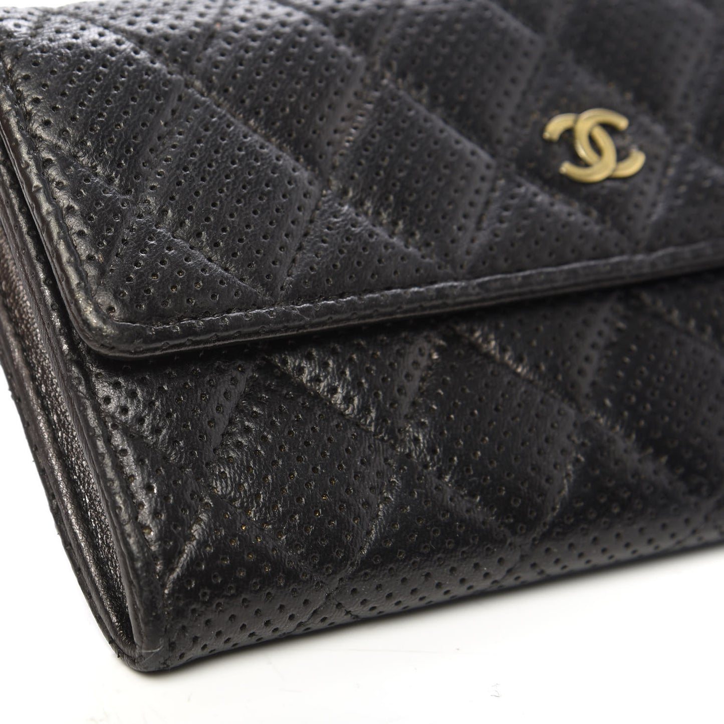 Perforated Lambskin Quilted Large Gusset Flap Wallet Black