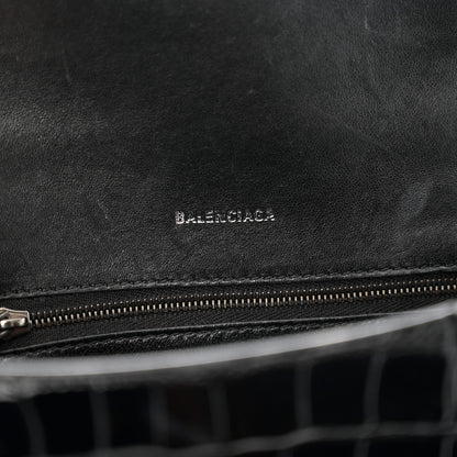 Balenciaga Shiny Calfskin Monochrome Crocodile Embossed Small Hourglass Top Handle Bag Black 5 of 7