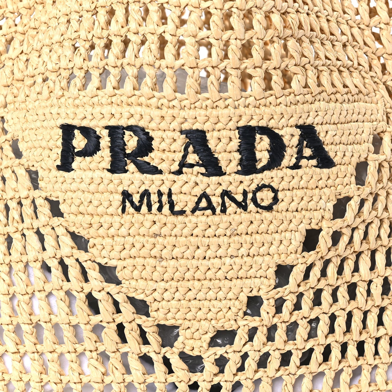 Prada Yarn Raffia Effect Crochet Logo Embroidered Shopping Tote Bag Naturale 6 of 7