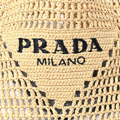 Prada Yarn Raffia Effect Crochet Logo Embroidered Shopping Tote Bag Naturale 6 of 7