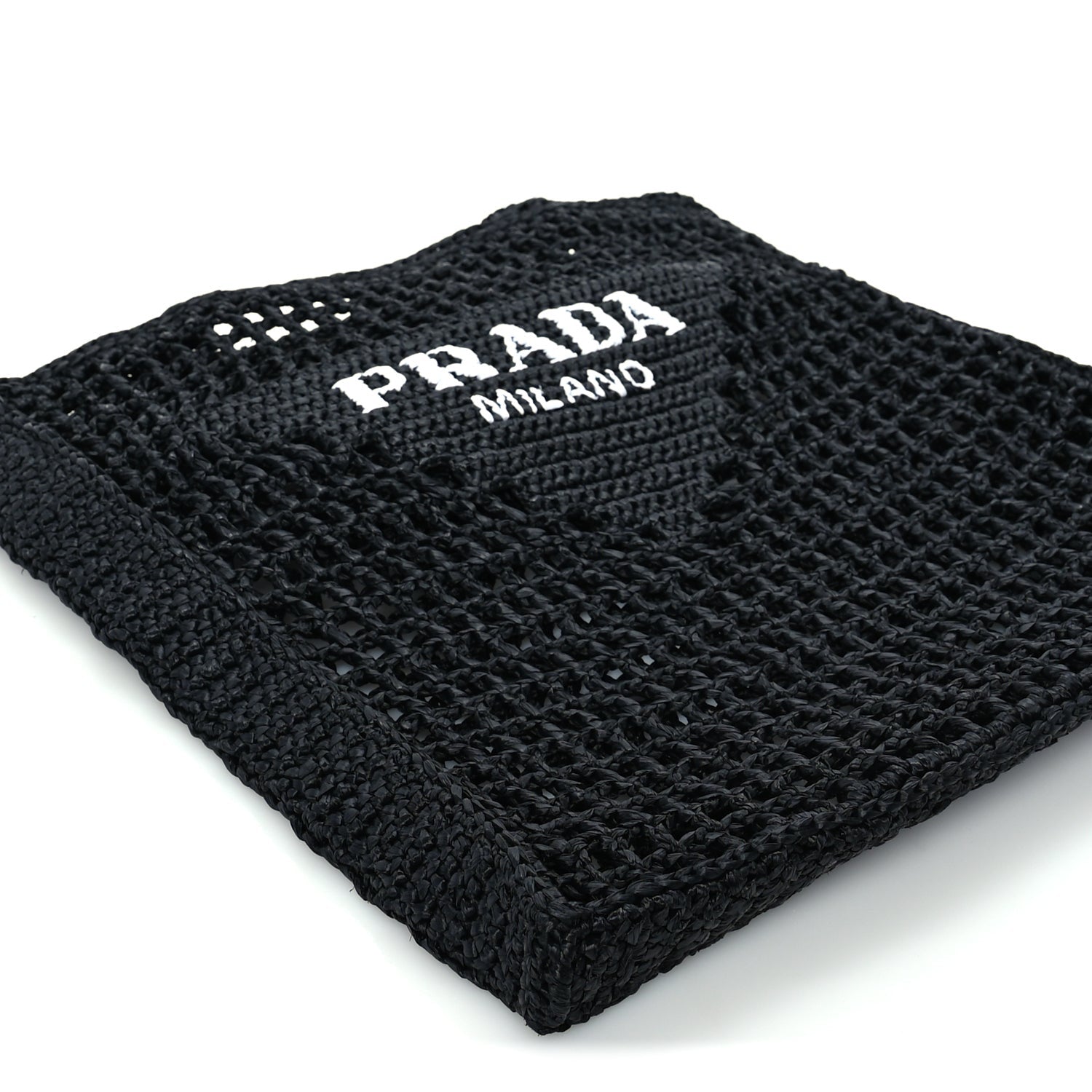 Prada Yarn Raffia Effect Crochet Logo Embroidered Tote Bag  Black 7 of 8