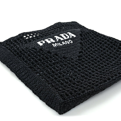 Prada Yarn Raffia Effect Crochet Logo Embroidered Tote Bag  Black 7 of 8