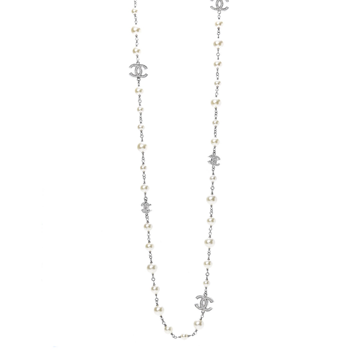 Chanel Graduated Pearl Crystal CC Long Necklace Silver 1 of 5