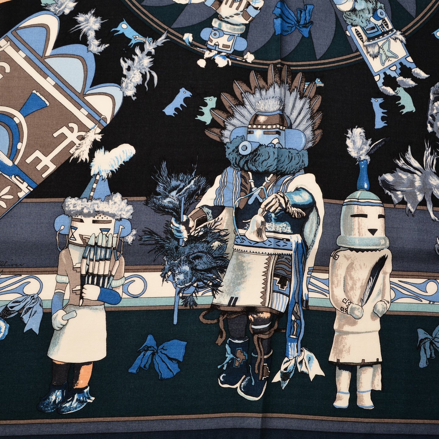 Cashmere Silk Kachinas Shawl 140 Marine Ciel Gris Bleuete