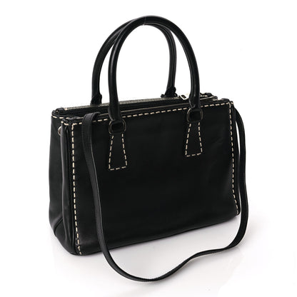 Prada City Calf Small Hand Stitched Galleria Double Zip Tote Black White 2 of 8