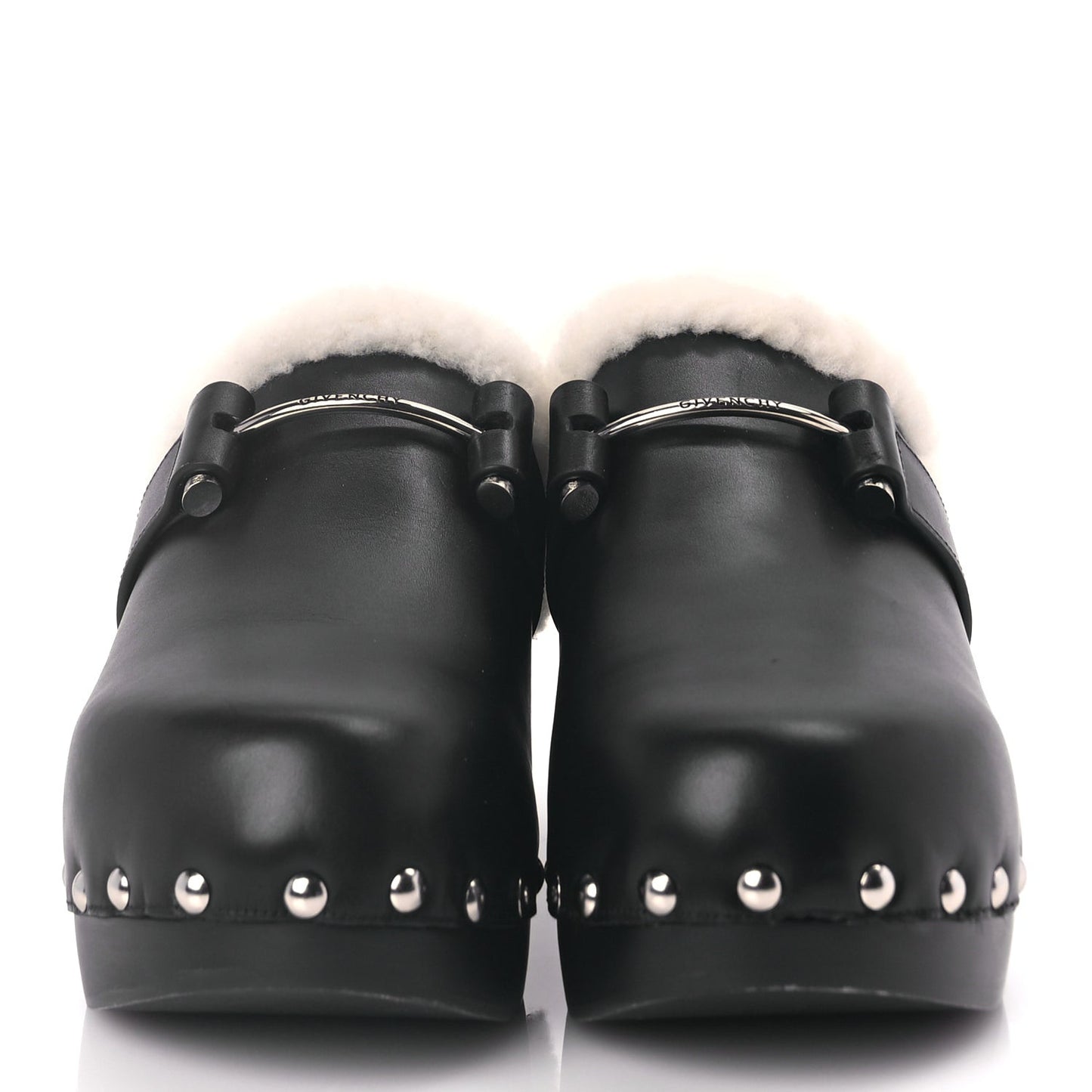Calfskin Shearling Studded Platform Clogs 38 Black