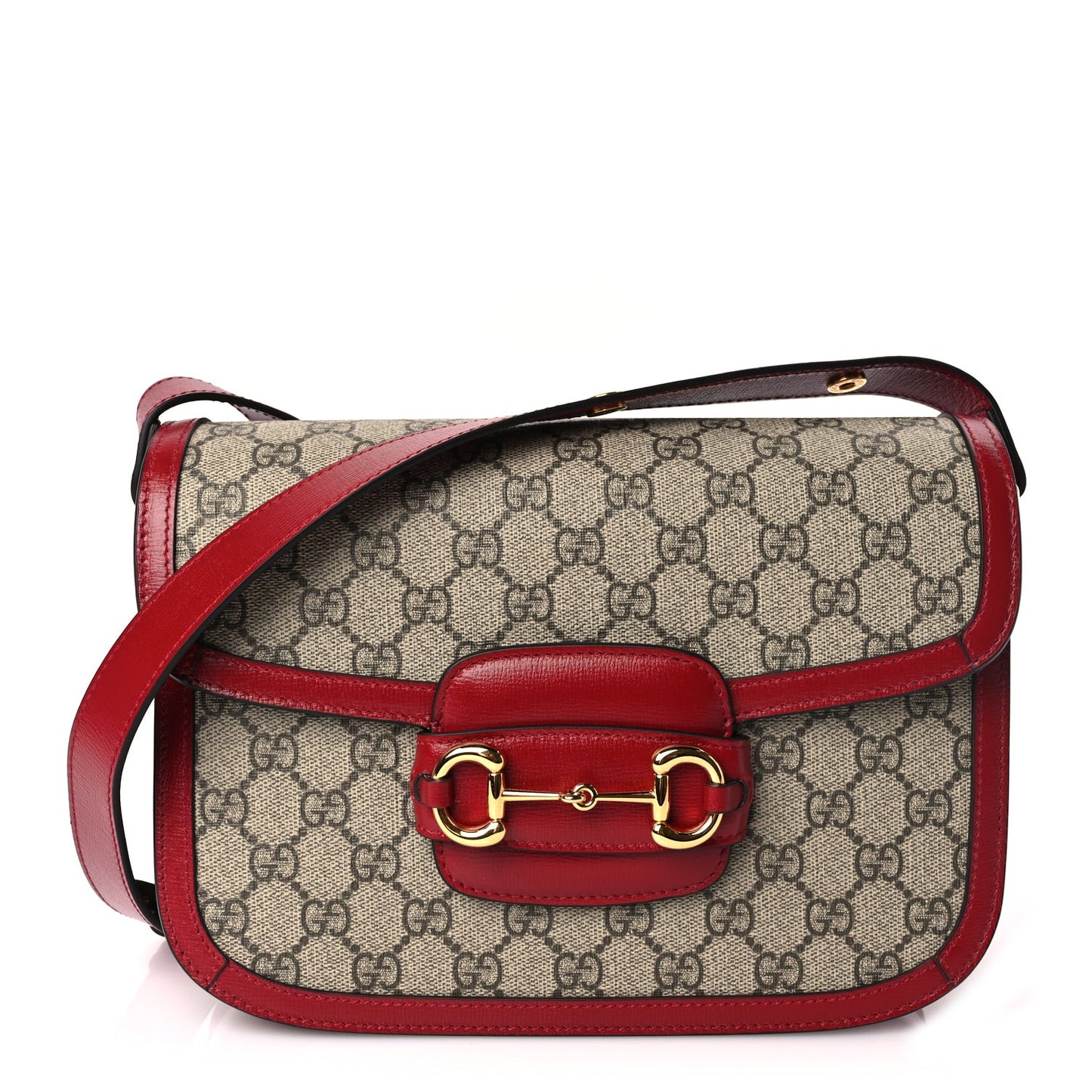 GG Supreme Monogram Azalea Calfskin Horsebit 1955 Shoulder Bag Beige Ebony New Cherry Red