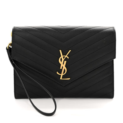 Saint Laurent Grain De Poudre Matelasse Chevron Monogram Envelope Clutch Black 1 of 11