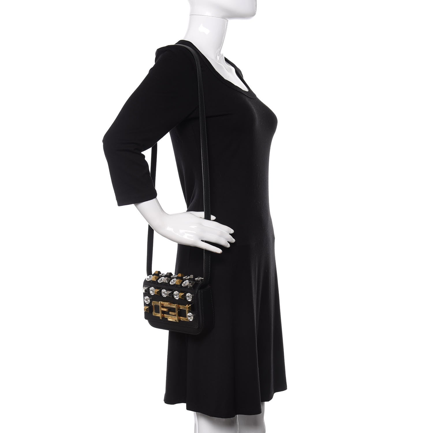 Fendi Vitello Dolce Crystal Studded Mini 3Baguette Shoulder Bag Black Gold 2 of 9