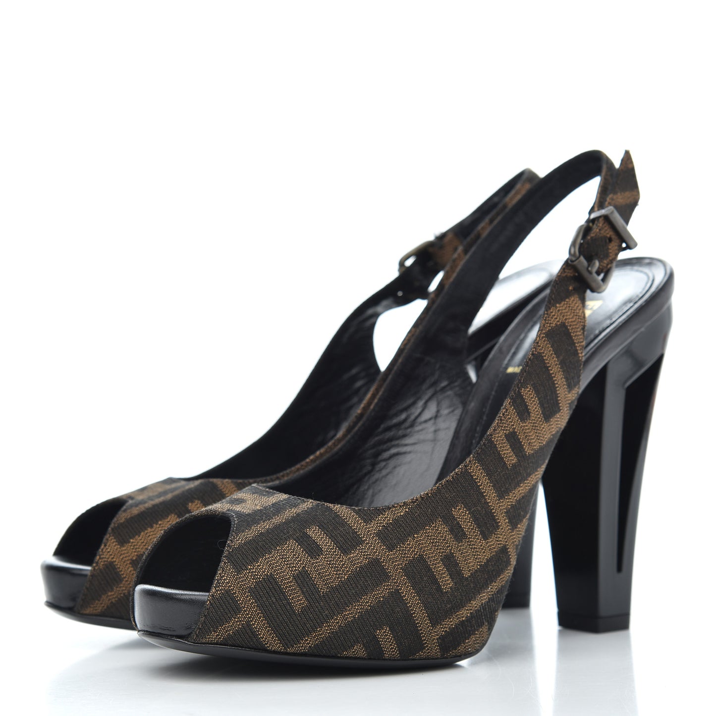 Jacquard Calfskin FF Open Toe Platform Slingback Pumps 38.5 Tobacco