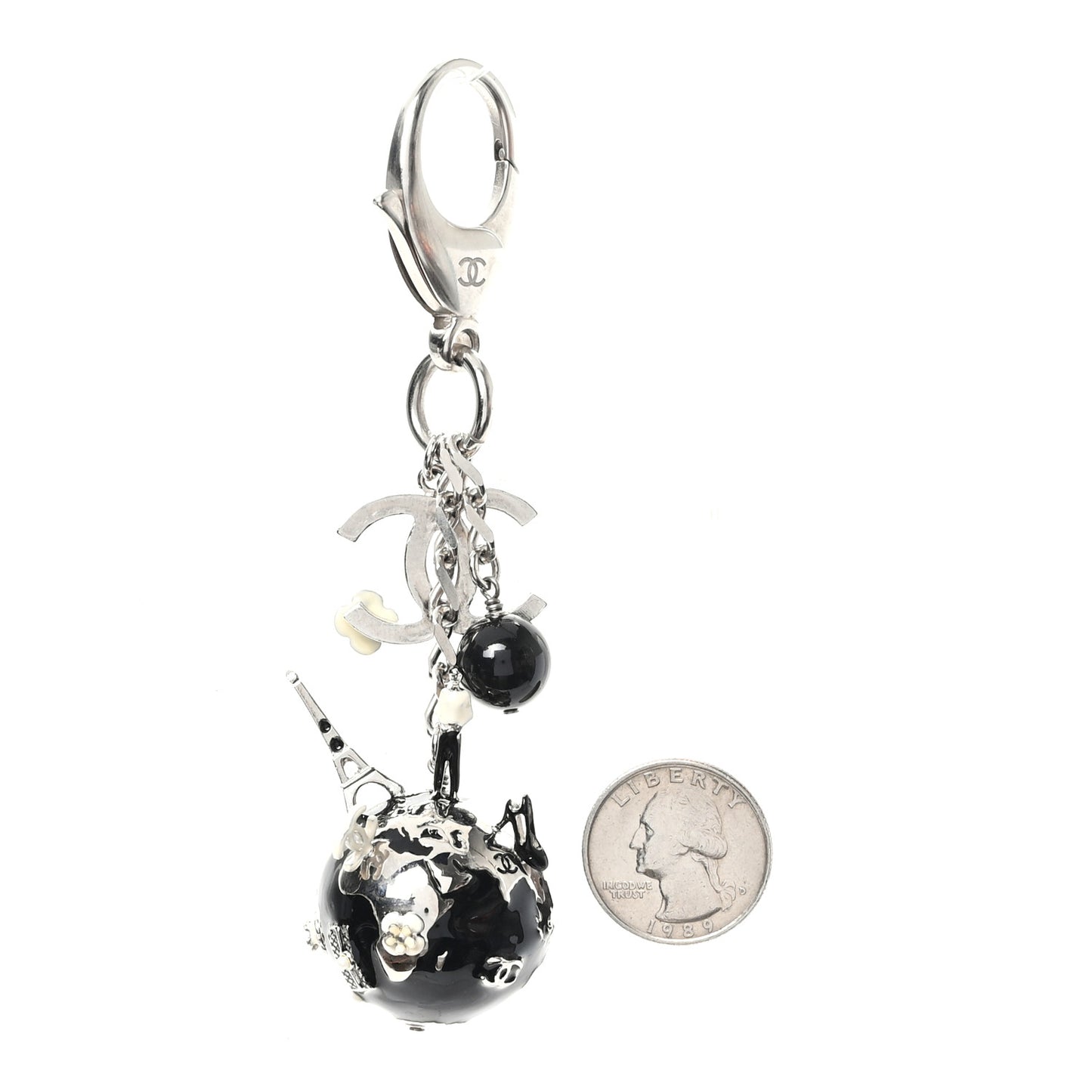 Metal Camellia CC Globe Key Chain Black Silver
