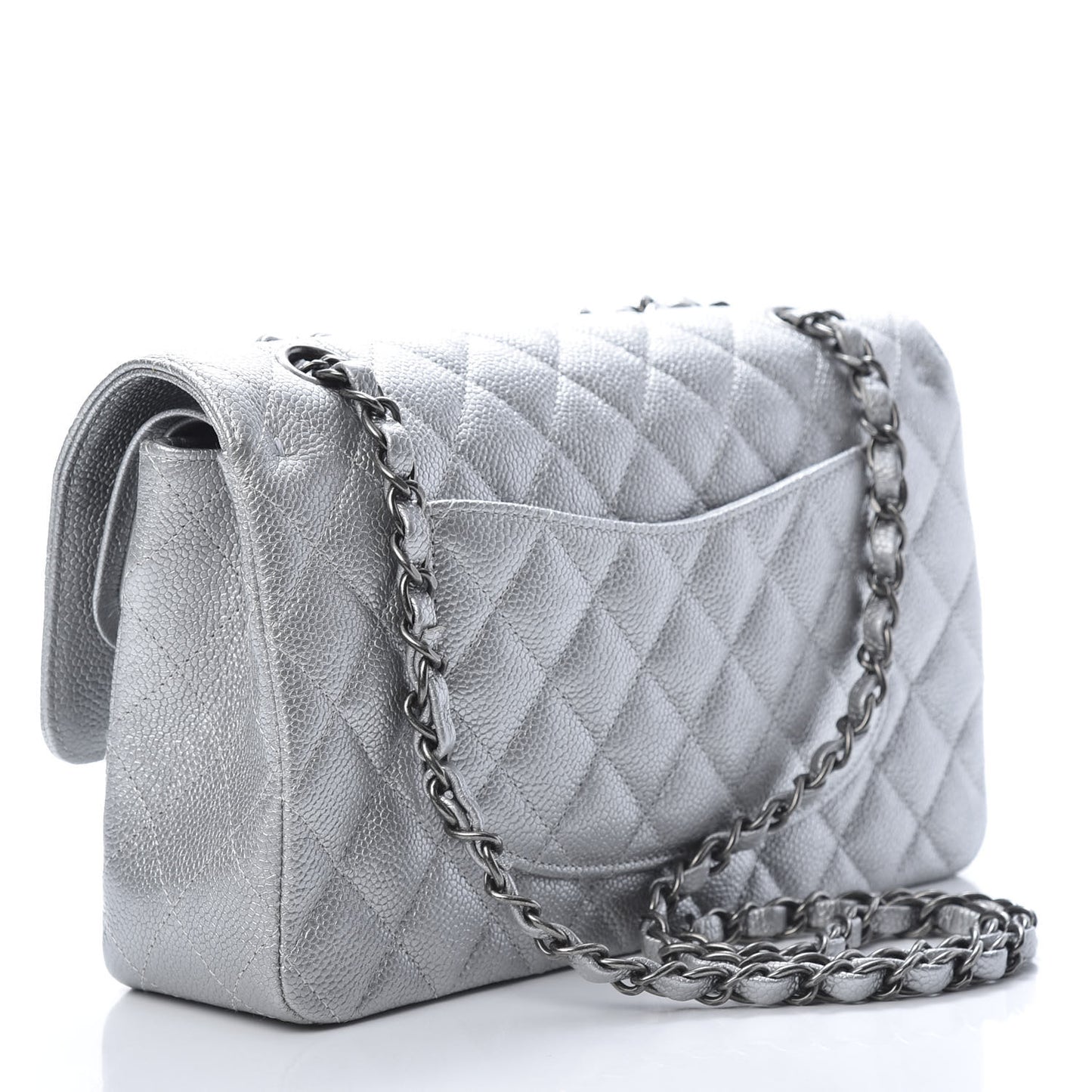 Metallic Caviar Quilted Medium Double Flap Silver