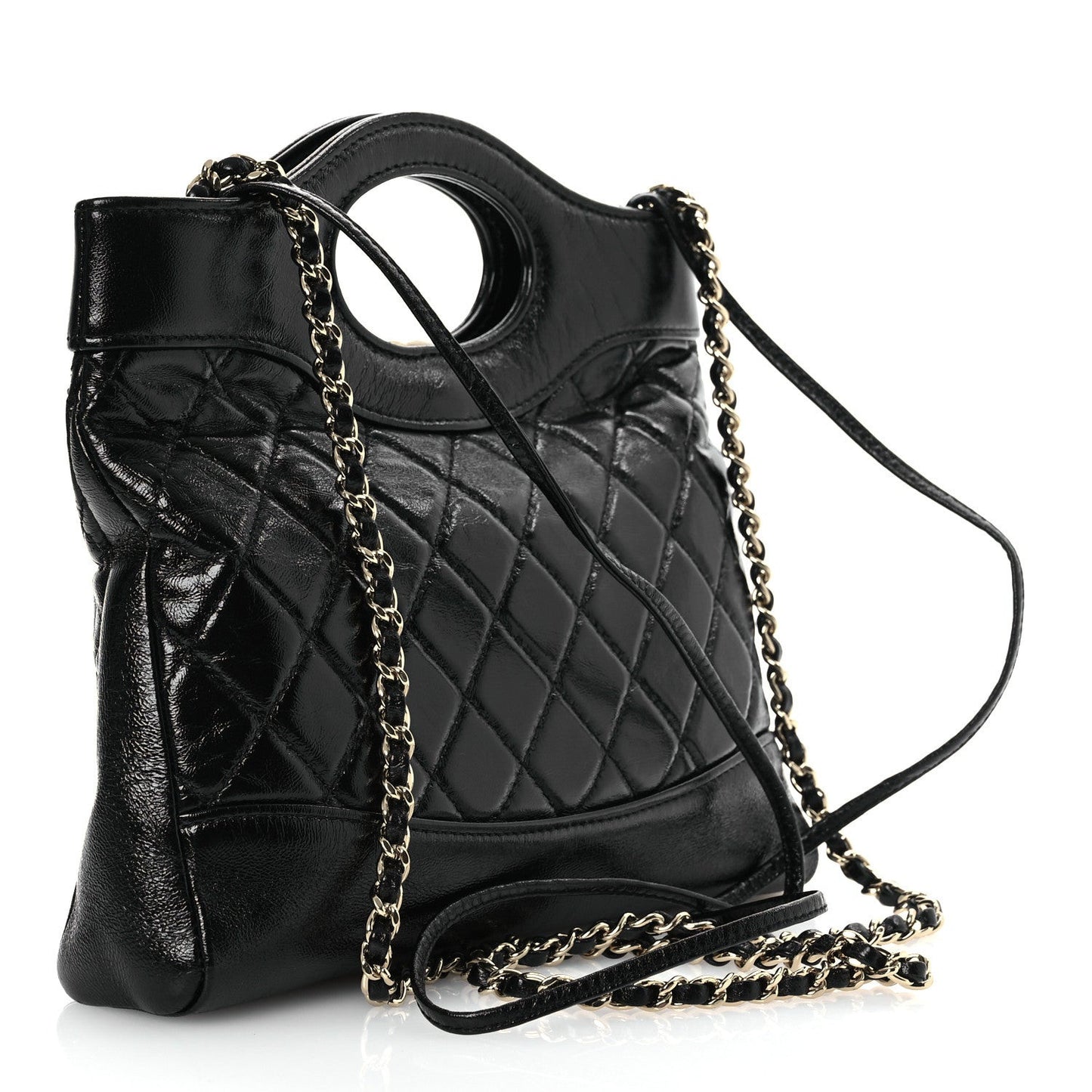 Shiny Crumpled Calfskin Quilted Mini 31 Shopping Bag Black